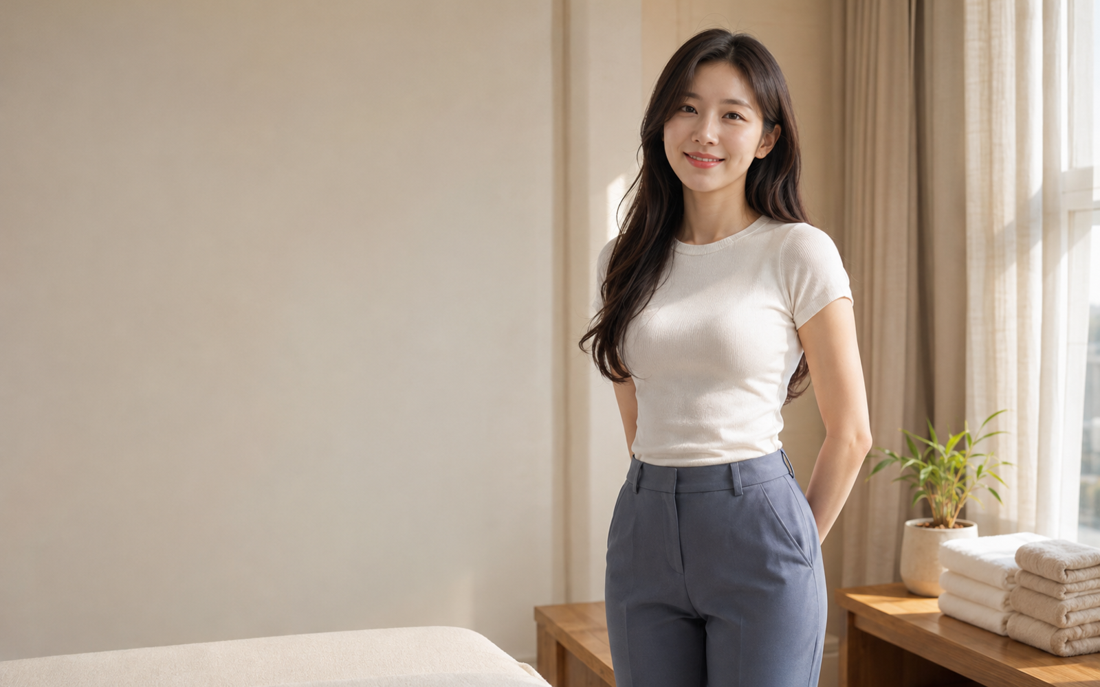 서울 구로구 방문 홈케어를 안내하는 젊은 성인 한국 여성 관리사